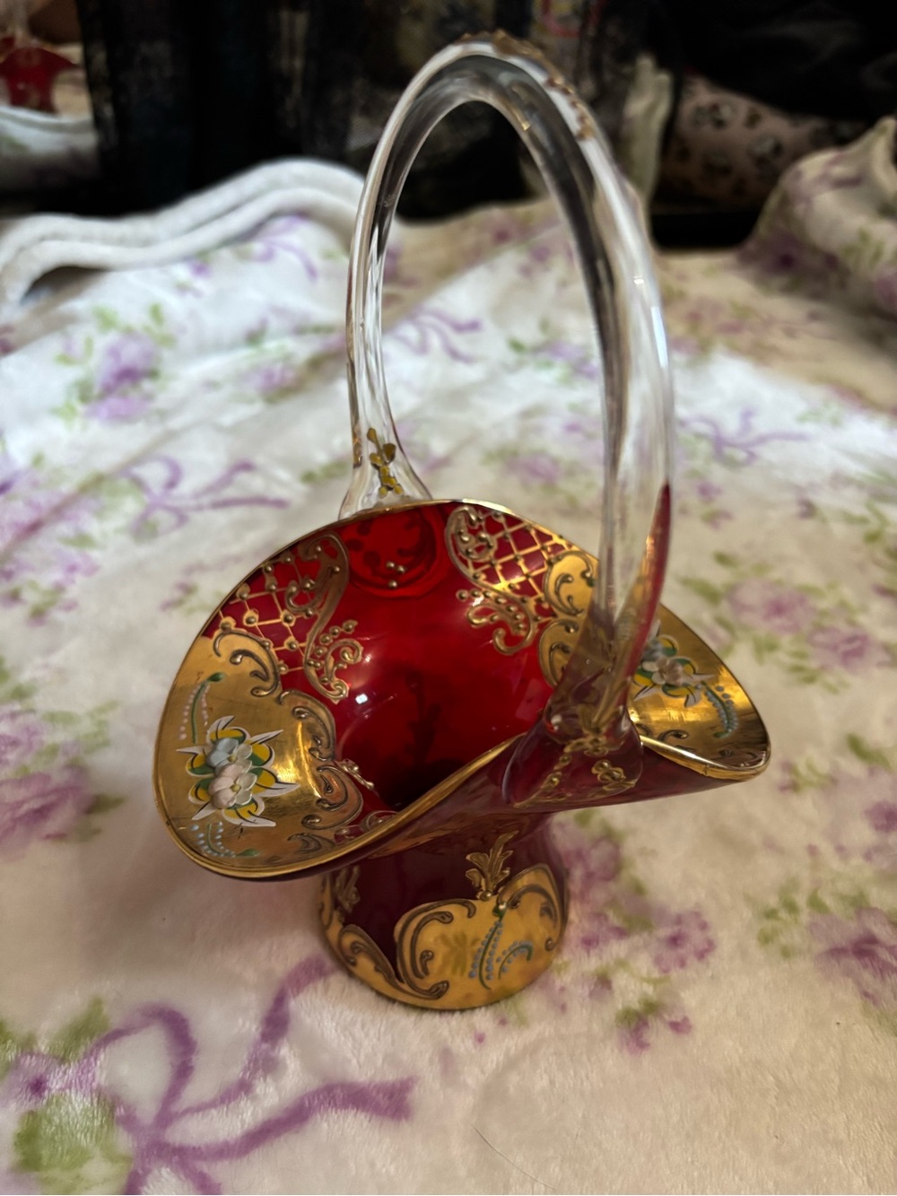 Red Glass Basket with Gold Gilt and Floral Accents
